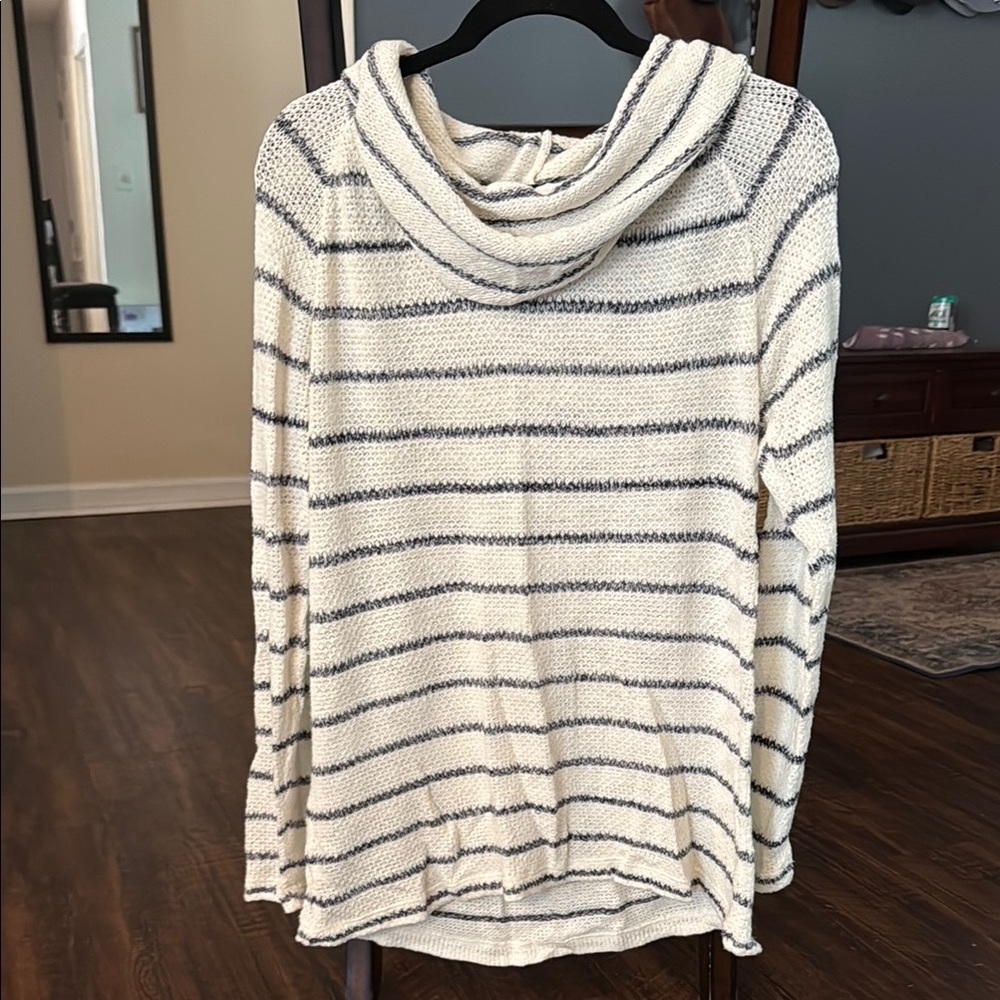 Natural Reflections White and Navy Striped Cowl Neck Sweater